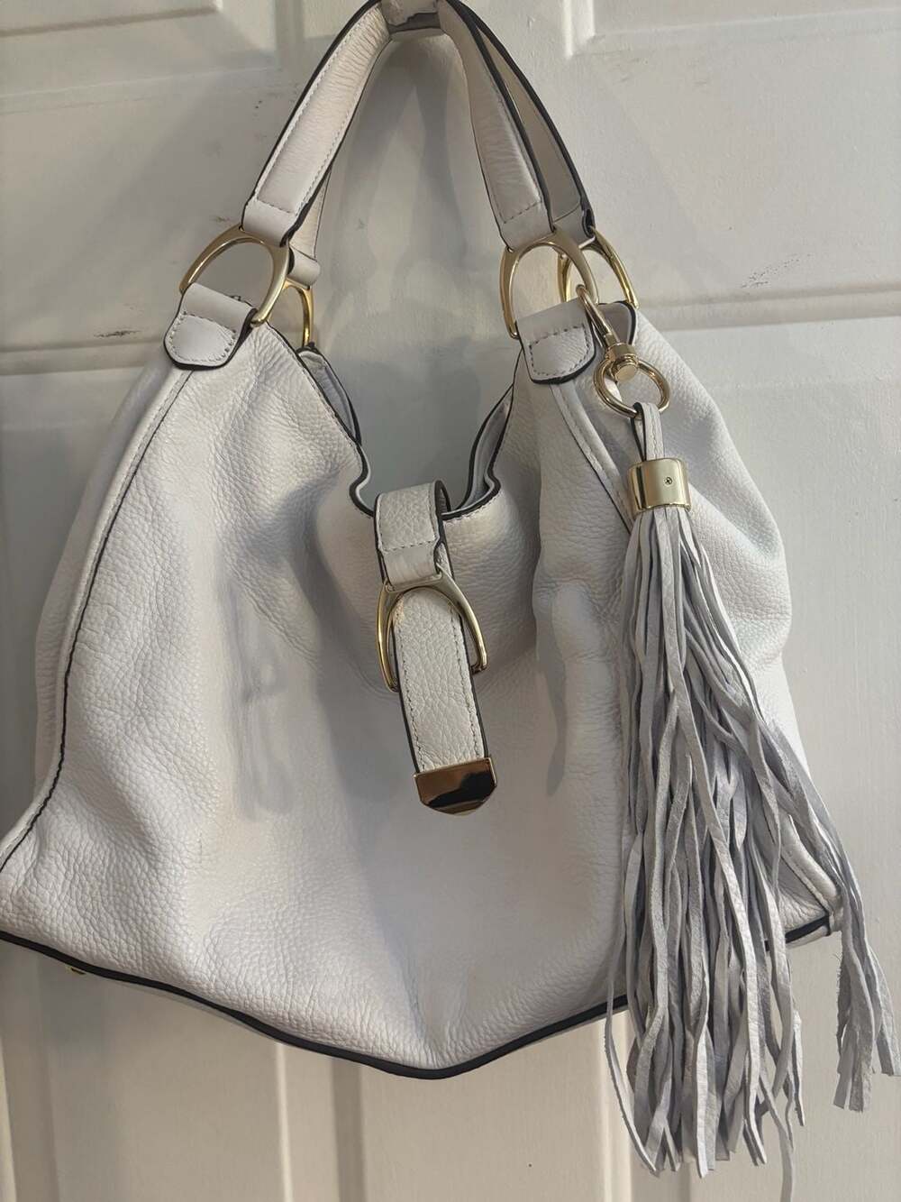 G.I.L.I. Leather Stirrup Satchel Hobo Handbag with Tassel White